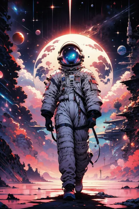 (masterpiece:1.1), (best quality:1.1), (detailed:1.0), BREAK, (90's:1.1), (retro:1.0), (graphic design:1.0), (ink:1.1), (ink blacks:1.0), <lora:AstrAnime_RETRO:1.3> , BREAK, (solo:1.4), (alien landscape:1.1), (astronaut:1.0), (spacesuit:1.0), (space helmet:1.1), (gloves:1.0), (walking:1.0), (exploring:1.0),