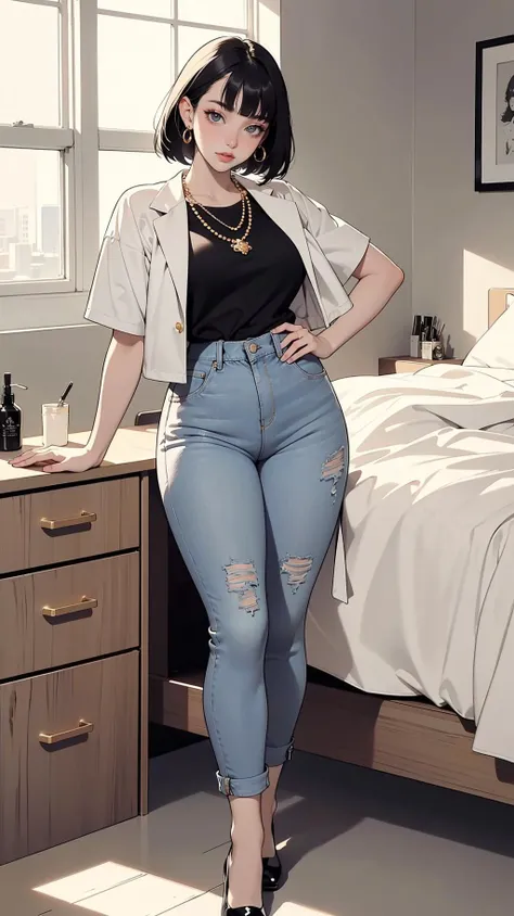 (monochrome, line art, halftone),((full body shot,leaning,looking at viewer)),(,perfect face,black hair,bob cut,blunt bangs, grey eyes,pearl earrings,golden necklace,wide hips,jeans jacket ,short sleeves,black patent pants,mary janes),(Pastel colors,dreamscape,white sky,window,makeup vanity desk,bedroom) <lora:AstrAnime_RETRO:0.1> <lora:flat2:0.5>