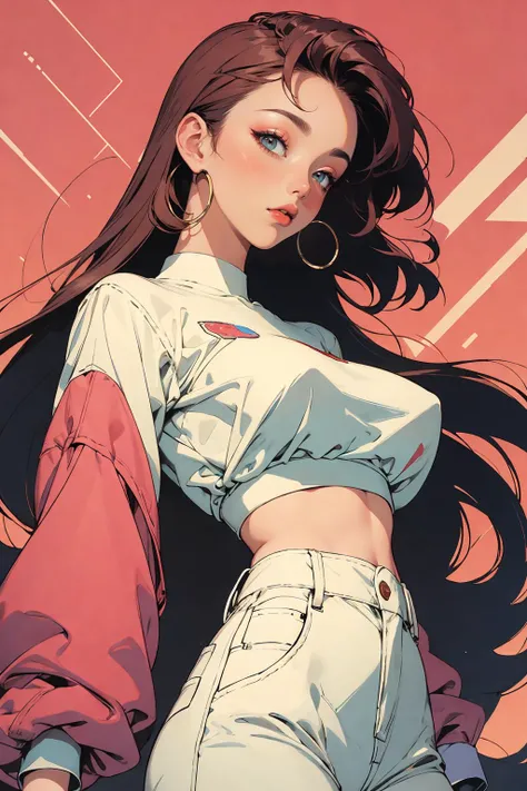 woman, 90's, retro, crop top, (flat colors, flat texture, lineart:1.2), , graphical design,
1990s fashion、15-year-old girl、Portraiture、Best image quality、masterpiece、Looking at the front、