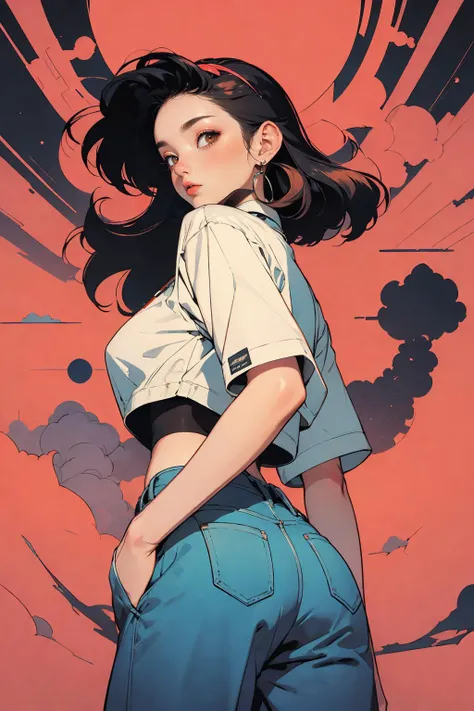 woman, 90's, retro, crop top, (flat colors, flat texture, lineart:1.2), gigantic breasts, graphical design, view from behind
<lora:AstrAnime_RETRO:1>