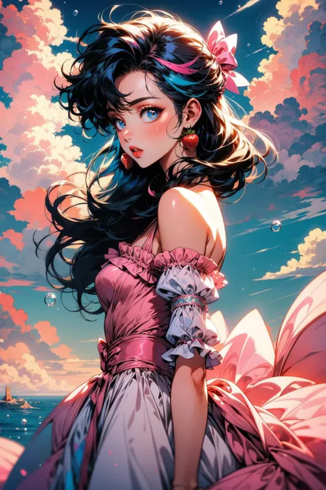 (masterpiece:1.1), (best quality:1.1), (vibrant colors:1.2), BREAK,
(pink and blue:1.2), (clouds:1.0), <lora:AstrAnime_RETRO:0.8>, BREAK,
(side view:1.0), (1girl:1.0), (frilly dress:1.0), (puffy dress:1.0), (bubbles:1.1), (pink bow:1.0), (strawberry:1.2), (looking at viewer:1.2), (parted lips:1.0), (bare shoulders:1.0), (among the clouds:1.0)