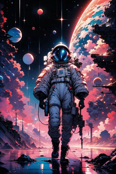 (masterpiece:1.1), (best quality:1.1), (detailed:1.0), BREAK, (90's:1.1), (retro:1.0), (graphic design:1.0), (ink:1.1), (ink blacks:1.0), <lora:AstrAnime_RETRO:1.3> , BREAK, (solo:1.4), (alien landscape:1.1), (astronaut:1.0), (spacesuit:1.0), (space helmet:1.1), (gloves:1.0), (walking:1.0), (exploring:1.0),