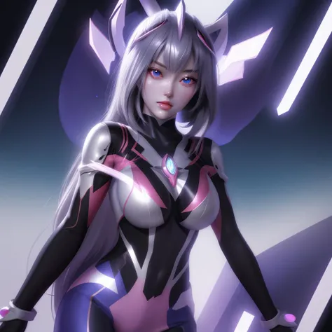 simple background,female ultraman,delicate features,large breasts,glowing eyes,gem,bodysuit,Ray Tracing Reflections,circle,upper body,expressionless,symmetric facial features,