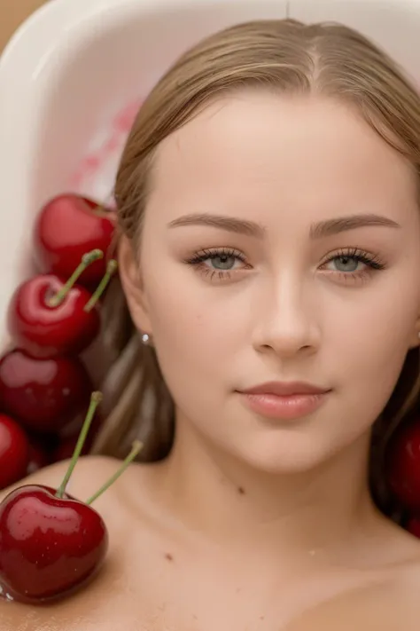 High detail RAW color Photo of (tnks:1.2) woman <lora:Kasia:0.9> laying in a (bathtub full of cherries:1.2), cherries covering her body, (smirk:1.2), (eyebags:1.0), masterpiece, best quality, 8k, perfect lighting, cinematic lighting, ((portrait, realistic, lustrous skin, facial light, facial light, shiny skin, ((detailed face:0.3)), dramatic atmosphere, rule of thirds), ((sharp focus:1.2) depth of field, bokeh, 4K, HDR, beauty):1.2),