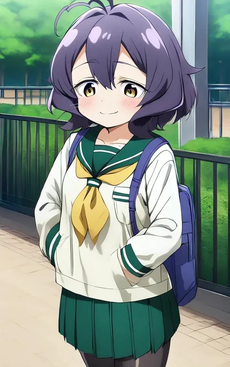 1girl, <lora:sdxl-ma-utena-pony:0.8>, short hair, blackpurple hair, hair between eyes, sidelocks, heart ahoge, bangs, small breasts +++ Utena, darkyellow eyes, looking down +++ school uniform, serafuku, long sleeves, green sailor collar, green skirt, pleated skirt, yellow neckerchief, black pantyhose, lowfers, whiskers, smile, (troubled eyebrows:0.6), vest pocket park, extremely quality extremely detailed, illustration, cute anime face