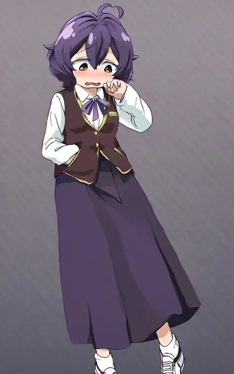 1girl, <lora:sdxl-ma-utena-pony:0.8>, short hair, blackpurple hair, hair between eyes, sidelocks, heart ahoge, bangs, small breasts +++ Utena, darkyellow eyes, looking down +++ glay shirt, long sleeves, dark glay long skirt, white ankle socks, sneakers, whiskers, wavy mouth, half opened mouth, vest pocket park
