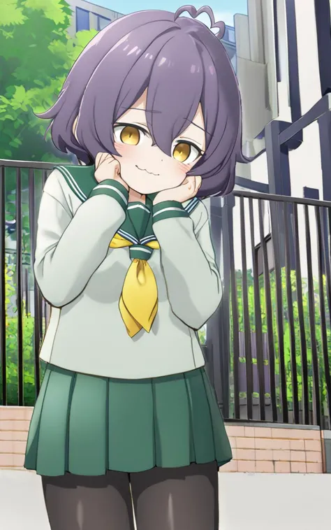 1girl, <lora:sdxl-ma-utena-pony:0.8>, short hair, blackpurple hair, hair between eyes, sidelocks, heart ahoge, bangs, small breasts +++ Utena, darkyellow eyes, looking down +++ school uniform, serafuku, long sleeves, green sailor collar, green skirt, pleated skirt, yellow neckerchief, black pantyhose, lowfers, whiskers, wavy mouth, smile, vest pocket park