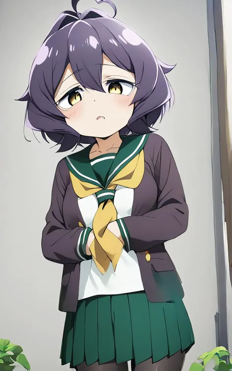 1girl, <lora:sdxl-ma-utena-pony:0.8>, short hair, blackpurple hair, hair between eyes, sidelocks, heart ahoge, bangs, small breasts +++ Utena, darkyellow eyes, looking down +++ school uniform, serafuku, long sleeves, green sailor collar, green skirt, pleated skirt, yellow neckerchief, black pantyhose, lowfers, whiskers, whiskers, half opened mouth, vest pocket park, extremely quality extremely detailed, illustration, cute anime face