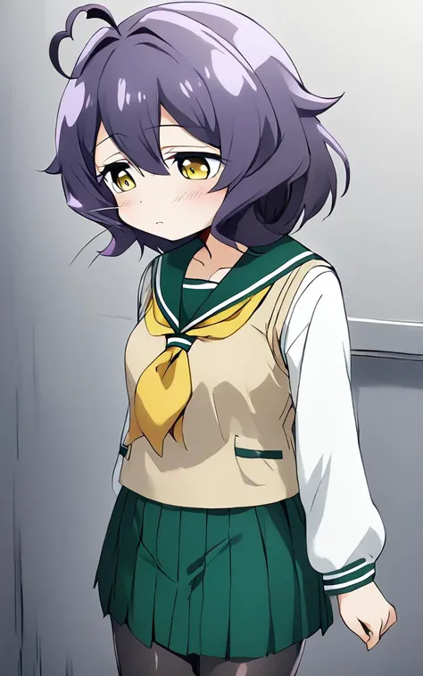 1girl, <lora:sdxl-ma-utena-pony:0.8>, short hair, blackpurple hair, hair between eyes, sidelocks, heart ahoge, bangs, small breasts +++ Utena, darkyellow eyes, looking down +++ school uniform, serafuku, long sleeves, green sailor collar, green skirt, pleated skirt, yellow neckerchief, black pantyhose, lowfers, whiskers, pupils sparkling, vest pocket park, extremely quality extremely detailed, illustration, cute anime face