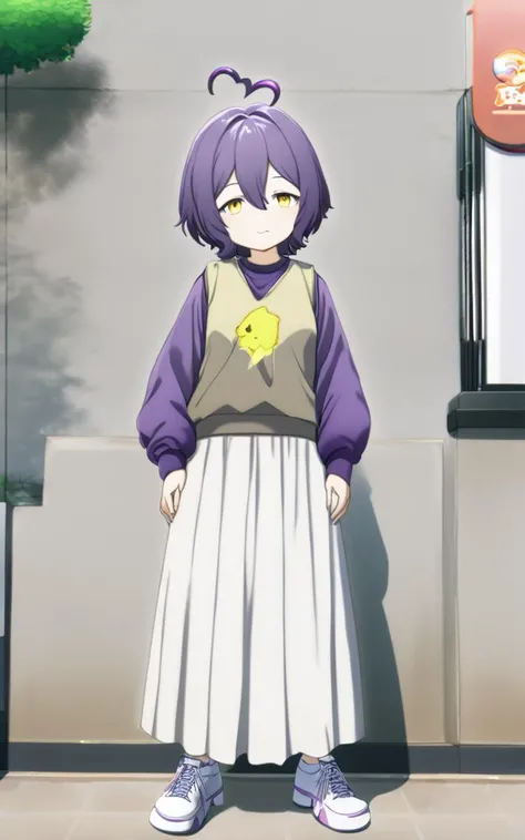 1girl, <lora:sdxl-ma-utena-pony:0.8>, short hair, blackpurple hair, hair between eyes, sidelocks, heart ahoge, bangs, small breasts +++ Utena, darkyellow eyes, looking down +++ glay shirt, long sleeves, dark glay long skirt, white ankle socks, sneakers, whiskers, :3, vest pocket park