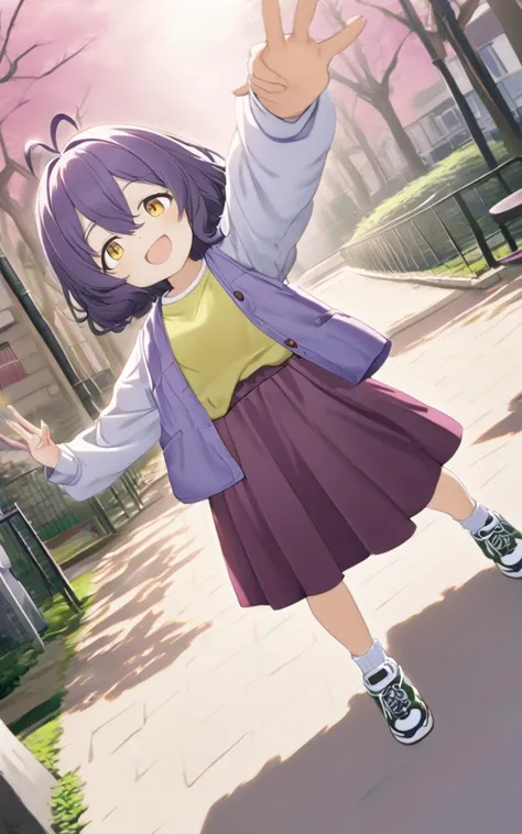 1girl, <lora:sdxl-ma-utena-pony:0.8>, short hair, blackpurple hair, hair between eyes, sidelocks, heart ahoge, bangs, small breasts +++ Utena, darkyellow eyes, looking down +++ glay shirt, long sleeves, dark glay long skirt, white ankle socks, sneakers, whiskers, happy, vest pocket park, selfie solo focus wide shot , looking up, Dutch Angle/Dutch TiltAfullbody, Bounce Light, contrapposto, dynamic pose, extremely quality extremely detailed, illustration, cute anime face