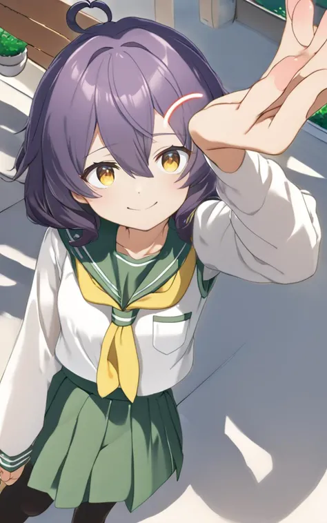 1girl, <lora:sdxl-ma-utena-pony:0.8>, short hair, blackpurple hair, hair between eyes, sidelocks, heart ahoge, bangs, small breasts +++ Utena, darkyellow eyes, looking down +++ school uniform, serafuku, long sleeves, green sailor collar, green skirt, pleated skirt, yellow neckerchief, black pantyhose, lowfers, whiskers, kind smile, vest pocket park, From Front, looking up, Overhead Shot, Fill Light, contrapposto, dynamic pose, extremely quality extremely detailed, illustration, cute anime face