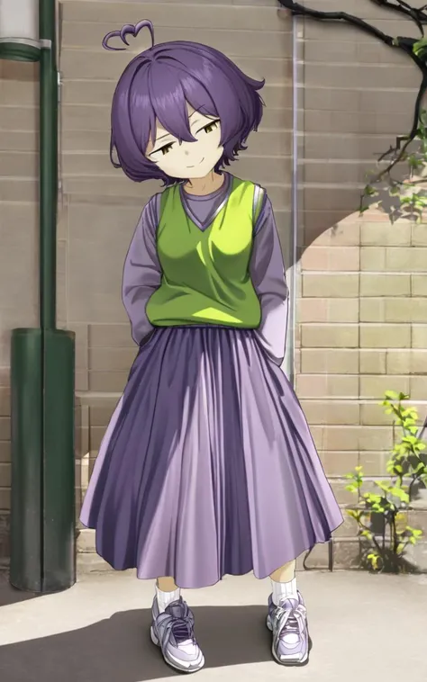 1girl, <lora:sdxl-ma-utena-pony:0.8>, short hair, blackpurple hair, hair between eyes, sidelocks, heart ahoge, bangs, small breasts +++ Utena, darkyellow eyes, looking down +++ glay shirt, long sleeves, dark glay long skirt, white ankle socks, sneakers, whiskers, squinting eyes, smile, vest pocket park