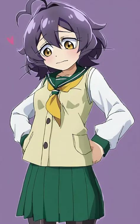 1girl, <lora:sdxl-ma-utena-pony:0.8>, short hair, blackpurple hair, hair between eyes, sidelocks, heart ahoge, bangs, small breasts +++ Utena, darkyellow eyes, looking down +++ school uniform, serafuku, long sleeves, green sailor collar, green skirt, pleated skirt, yellow neckerchief, black pantyhose, lowfers, whiskers, Excited, vest pocket park
