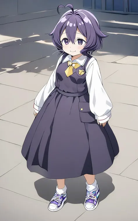 1girl, <lora:sdxl-ma-utena-pony:0.8>, short hair, blackpurple hair, hair between eyes, sidelocks, heart ahoge, bangs, small breasts +++ Utena, darkyellow eyes, looking down +++ glay shirt, long sleeves, dark glay long skirt, white ankle socks, sneakers, whiskers, smile, vest pocket park, extremely quality extremely detailed, illustration, cute anime face