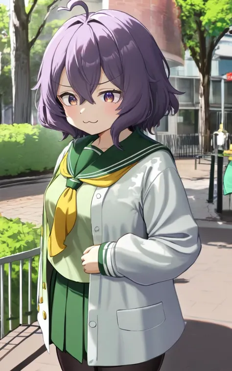 1girl, <lora:sdxl-ma-utena-pony:0.8>, short hair, blackpurple hair, hair between eyes, sidelocks, heart ahoge, bangs, small breasts +++ Utena, darkyellow eyes, looking down +++ school uniform, serafuku, long sleeves, green sailor collar, green skirt, pleated skirt, yellow neckerchief, black pantyhose, lowfers, whiskers, :3, vest pocket park