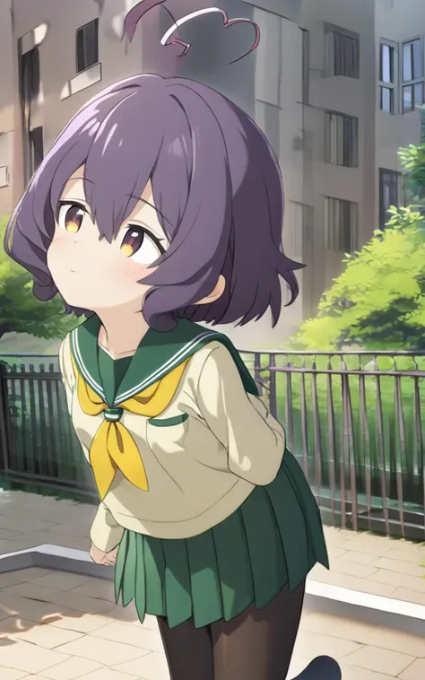 1girl, <lora:sdxl-ma-utena-pony:0.8>, short hair, blackpurple hair, hair between eyes, sidelocks, heart ahoge, bangs, small breasts +++ Utena, darkyellow eyes, looking down +++ school uniform, serafuku, long sleeves, green sailor collar, green skirt, pleated skirt, yellow neckerchief, black pantyhose, lowfers, whiskers, happy, vest pocket park, from side, look up to, Profile Shot, Soft Light, contrapposto, dynamic pose, extremely quality extremely detailed, illustration, cute anime face