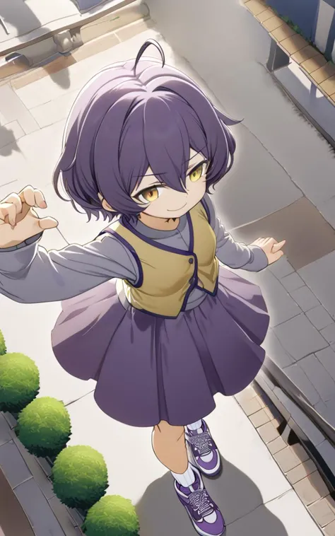 1girl, <lora:sdxl-ma-utena-pony:0.8>, short hair, blackpurple hair, hair between eyes, sidelocks, heart ahoge, bangs, small breasts +++ Utena, darkyellow eyes, looking down +++ glay shirt, long sleeves, dark glay long skirt, white ankle socks, sneakers, whiskers, smirk, vest pocket park, bare legs soles focus, looking down, Overhead Shot, Side Light, contrapposto, dynamic pose, extremely quality extremely detailed, illustration, cute anime face
