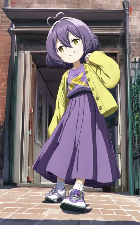 1girl, <lora:sdxl-ma-utena-pony:0.8>, short hair, blackpurple hair, hair between eyes, sidelocks, heart ahoge, bangs, small breasts +++ Utena, darkyellow eyes, looking down +++ glay shirt, long sleeves, dark glay long skirt, white ankle socks, sneakers, whiskers, :p, smile, vest pocket park