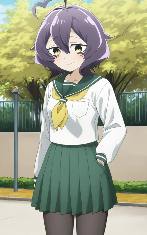 1girl, <lora:sdxl-ma-utena:0.8>, short hair, blackpurple hair, hair between eyes, sidelocks, heart ahoge, bangs, small breasts +++ Utena, darkyellow eyes, looking down +++ school uniform, serafuku, long sleeves, green sailor collar, green medium skirt, pleated skirt, yellow neckerchief, black pantyhose, lowfers, whiskers, Joyful, vest pocket park