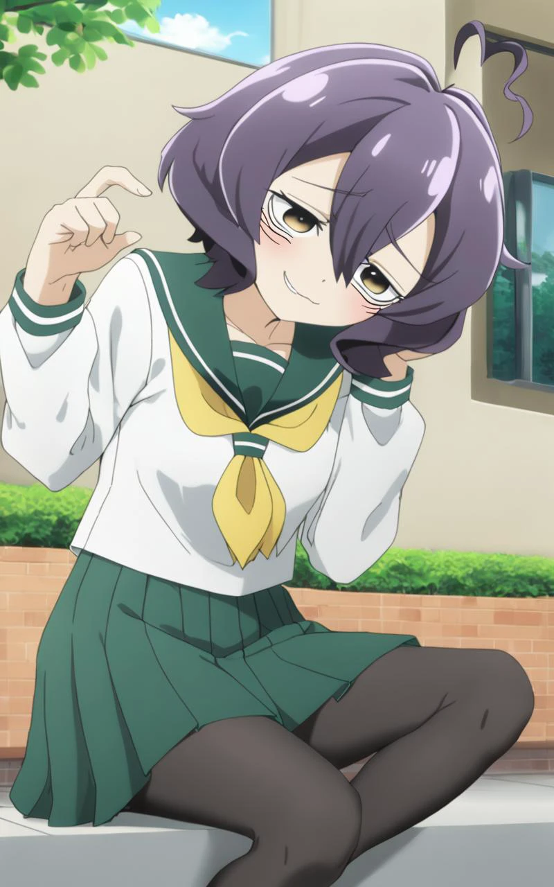 1girl, <lora:sdxl-ma-utena:0.8>, short hair, blackpurple hair, hair between eyes, sidelocks, heart ahoge, bangs, small breasts +++ Utena, darkyellow eyes, looking down +++ school uniform, serafuku, long sleeves, green sailor collar, green medium skirt, pleated skirt, yellow neckerchief, black pantyhose, lowfers, whiskers, happy, :), vest pocket park