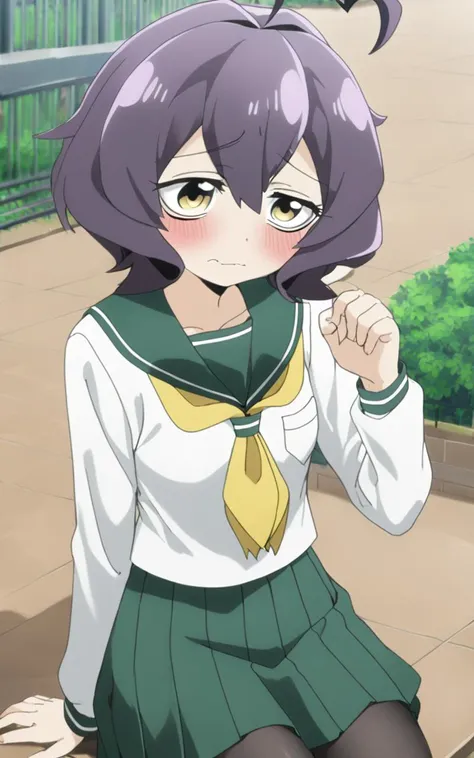 1girl, <lora:sdxl-ma-utena:0.8>, short hair, blackpurple hair, hair between eyes, sidelocks, heart ahoge, bangs, small breasts +++ Utena, darkyellow eyes, looking down +++ school uniform, serafuku, long sleeves, green sailor collar, green medium skirt, pleated skirt, yellow neckerchief, black pantyhose, lowfers, whiskers, Blushing, vest pocket park