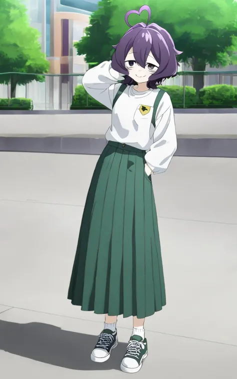 1girl, <lora:sdxl-ma-utena:0.8>, short hair, blackpurple hair, hair between eyes, sidelocks, heart ahoge, bangs, small breasts +++ Utena, jimiko, darkyellow eyes, looking down +++ shirt, long sleeves, long skirt, white ankle socks, sneakers, whiskers, :p, smile, vest pocket park