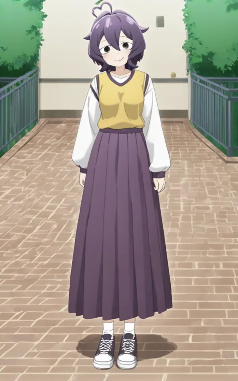 1girl, <lora:sdxl-ma-utena:0.8>, short hair, blackpurple hair, hair between eyes, sidelocks, heart ahoge, bangs, small breasts +++ Utena, jimiko, darkyellow eyes, looking down +++ shirt, long sleeves, long skirt, white ankle socks, sneakers, whiskers, :>, vest pocket park