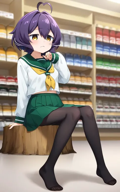 1girl, <lora:sdxl-ma-utena-pony:0.8>, short hair, blackpurple hair, hair between eyes, sidelocks, heart ahoge, bangs, small breasts Utena, darkyellow eyes, looking down +++ school uniform, serafuku, long sleeves, green sailor collar, green medium skirt, pleated skirt, yellow neckerchief, black pantyhose, lowfers , whiskers, :3, Electronics Store , Top Light, bokeh, depth of field, Crowds, bustle, congestion, Sitting, stump ,between the legs, looking down, full body, Incandescent Light , contrapposto, dynamic pose, cinematic lighting