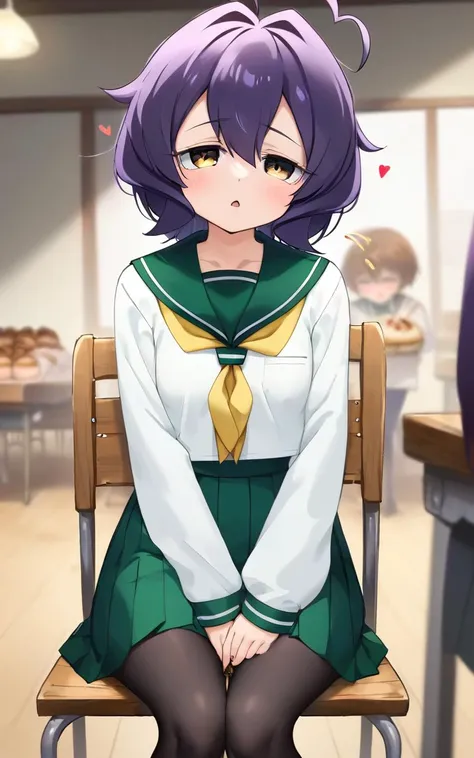 1girl, <lora:sdxl-ma-utena-pony:0.8>, short hair, blackpurple hair, hair between eyes, sidelocks, heart ahoge, bangs, small breasts Utena, darkyellow eyes, looking down +++ school uniform, serafuku, long sleeves, green sailor collar, green medium skirt, pleated skirt, yellow neckerchief, black pantyhose, lowfers , whiskers, whiskers, half opened mouth, Bakery , Key Light, bokeh, depth of field, Crowds, bustle, congestion, Sitting, wood chair ,From Front, look up to, Wormfs Eye View, Fluorescent Light , contrapposto, dynamic pose, cinematic lighting