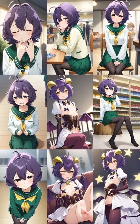 1girl, <lora:sdxl-ma-utena-pony:0.8>, short hair, blackpurple hair, hair between eyes, sidelocks, heart ahoge, bangs, small breasts { MagiaBaiser, demon's eyes, facial mark cross mark under eye, yellow demon horns, demon wings, low wings, sharp fingernails, demon tail, +++ corset, covered nipples, cross-star pasties, star (symbol), blackpurple long sleeves, white puffy sleeves, blackpurple tights, dark purple bridal gauntlets, { |||| holding whip } | Utena, darkyellow eyes, looking down +++ school uniform, serafuku, long sleeves, green sailor collar, green medium skirt, pleated skirt, yellow neckerchief, black pantyhose, lowfers }, whiskers, __facialS__, __Town_shopping__ , __lightingS__, bokeh, depth of field, Crowds, bustle, congestion, { __posesSitting__ | __poses__ },__sampleprompt/RandomSituation__, contrapposto, dynamic pose, cinematic lighting