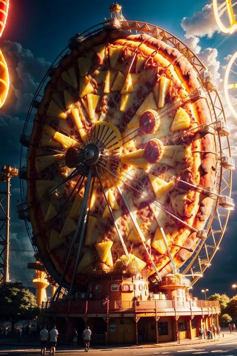 A theme park featuring ((rides made of pineapple_pizza)), ferris wheel, Gravitron, carousel.
smooth shapes, art deco, reflective chrome, gold glow, pizza, pizza crust, pizza sauce, melted cheese, tropical, neon signs.
highres, high resolution, detailed, spotlights, cinematic, hdr.
<lora:LowRA:0.1> <lora:add_detail:0.5> <lora:wrong_pizza:0.9>