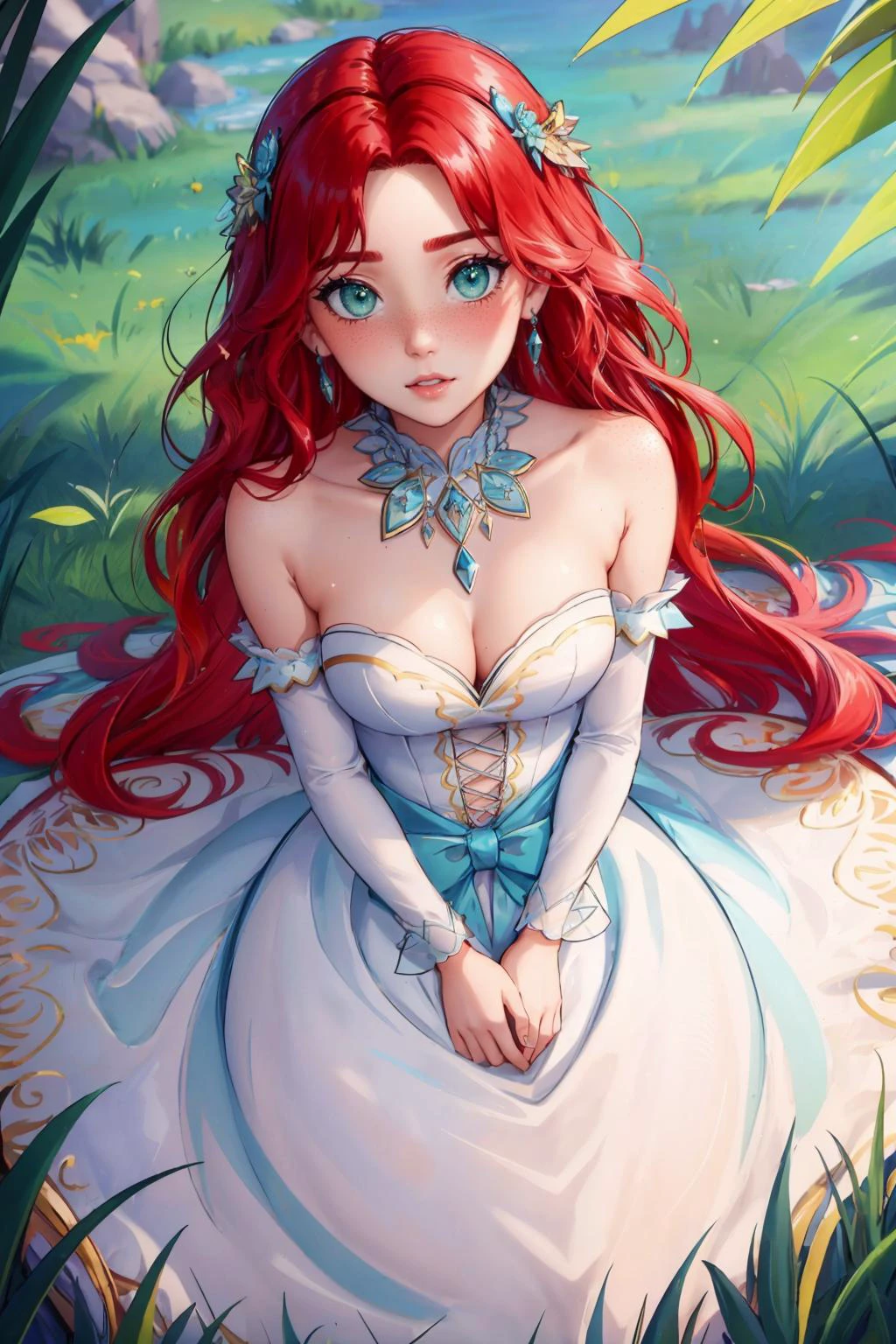 ultra detailed, sharp focus, best quality, masterpiece, colorful, <lora:edgDreamyGowns:1> edgDreamy, wearing edgDreamy, dress, light blue gown, 1girl, <lora:NSGingerPortia:0.8> NSGingerPortia, green eyes, freckles, plunging neckline, heavy blush, grass field background, sunny, long hair
