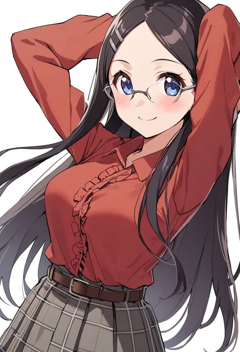 1girl, saitou kaede, solo, glasses, smile, hair ornament, black hair, white background, hairclip, simple background, blue eyes, arms up, plaid skirt, blush, closed mouth, red shirt, looking at viewer, grey skirt, long sleeves, belt, large breasts, dutch angle, very long hair, rimless eyewear, medium breasts, cowboy shot, shirt tucked in, arms behind head, frills, brown skirt, blouse, frilled shirt, standing <lora:saitou_kaede_sdxl_locon_ani_v1:0.7>