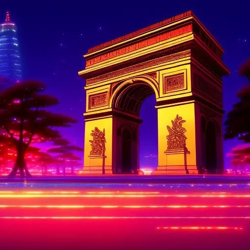 The Arc de Triomphe lit up at night, by  WakasaKakiage15