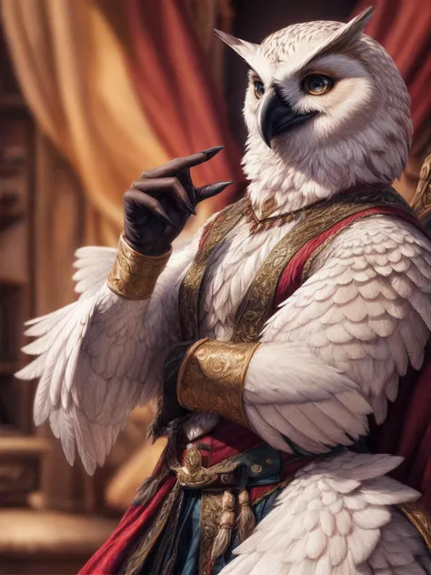 fantasy art, avian, owl, feathers, white body, winged arms, finger claws, white feathers, muscular, clothing, in a room background, by personalami, by tojo the thief, photorealistic, elegant, realistic, masterpiece, 4k, sharp focus <lora:Furtastic_Detailer:1>