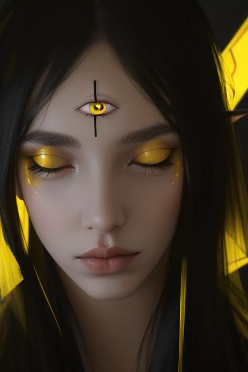 <lora:demonic_third_eye:1>, demonic third eye, masterpiece, best quality, 1girl, solo, colored sclera, yellow eyes, black sclera, slit pupils, closed eyes,