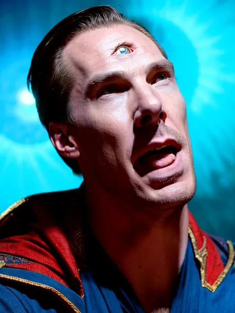 Doctor Strange screaming, Benedict Cumberbatch, (best quality:1.5), highly detailed, (perfectly drawn face three radiant eyes), masterpiece, dramatic photo, upper body showing, far shot, realistic, RAW photo, amateur, masterpiece, 3d, cinematic lighting, fear expression, (wide open mouth, screaming)+ , looking up, (triple eyes, extra eye on forehead), outdoor city street scenery, <lora:bencumberbatch_v1.1:0.5> bencumberbatch <lora:demonic_third_eye:1.3> (third eye), view from above, shot from above