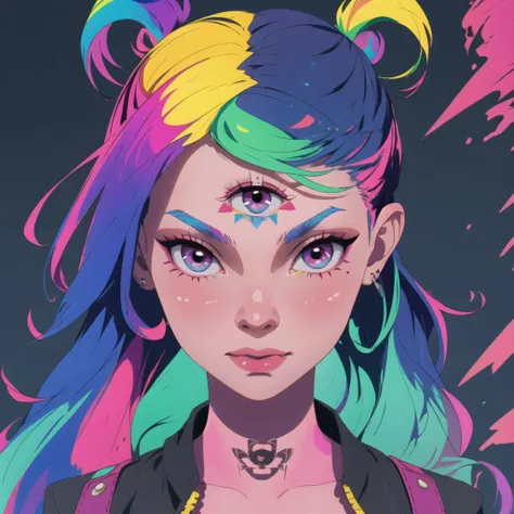 1girl, in club, punk style, rainbow hair,  <lora:demonic_third_eye:0.5>demonic third eye,