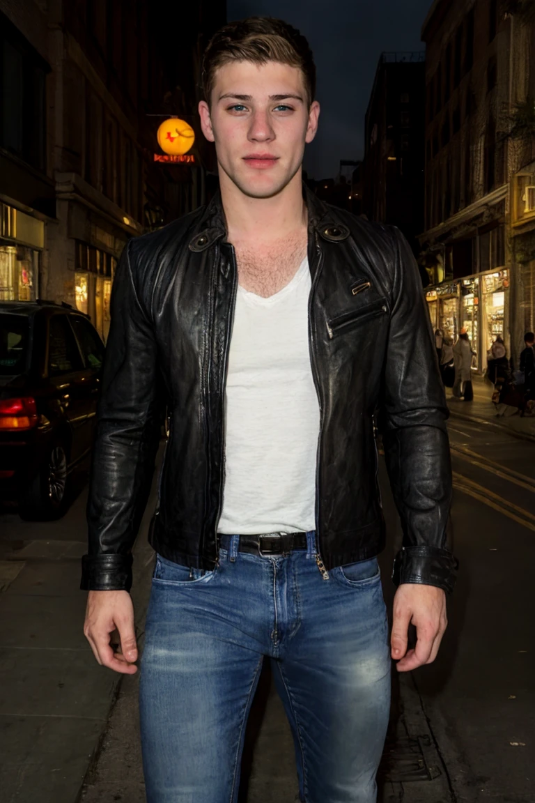 Candid RAW Photo, homoerotic photo of handsome beautiful sc_kurtis wearing leather jacket, jeans, t-shirt, nighttime street, angry, best quality, masterpiece, style of terry richardson, style of bruce weber <lora:sc_kurtis-v1:0.8>