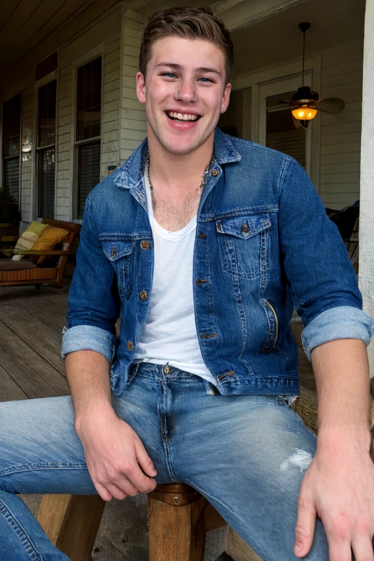 RAW Photo, homoerotic photo of handsome beautiful sc_kurtis wearing jacket, jeans, sitting on porch, laughing, best quality, masterpiece, style of terry richardson, style of bruce weber <lora:sc_kurtis-v1:0.8>