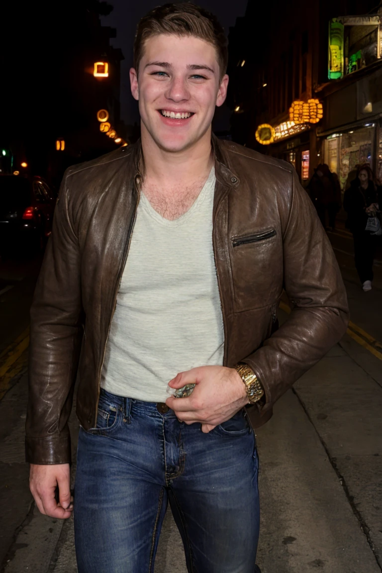 Candid RAW Photo, homoerotic photo of handsome beautiful sc_kurtis wearing leather jacket, jeans, t-shirt, nighttime street, laughing, best quality, masterpiece, style of terry richardson, style of bruce weber <lora:sc_kurtis-v1:0.8>