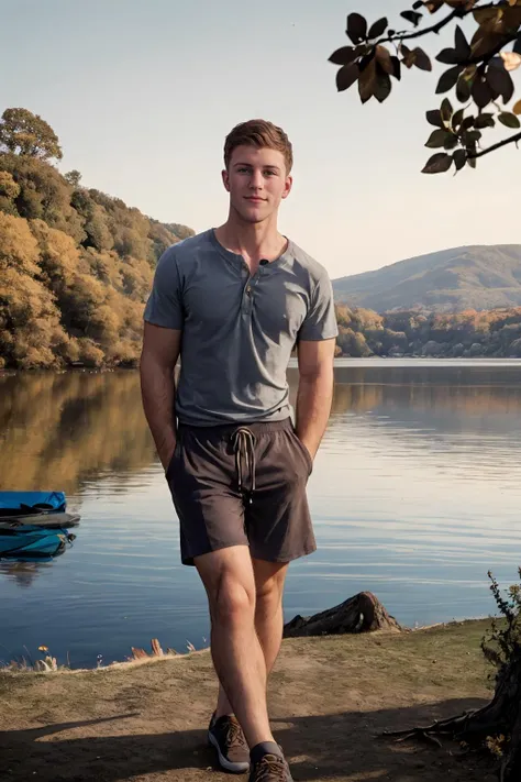 medium shot photo of sc_kurtis <lora:sc_kurtis-05:1>, wearing earth-toned Henley and hiking shorts, sitting lakeside, looking contemplatively over the calm waters, soft, diffused light of the late afternoon, calm and reflective mood, quiet, contemplative, natural, relaxed posture, autumn foliage, peaceful and attractive backdrop