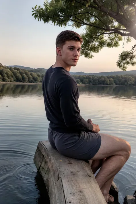 RAW photo, from behind back view photo of sc_kurtis <lora:sc_kurtis-05:0.75>, wearing navy blue Henley shirt and shorts, sitting lakeside, looking contemplatively over the calm waters, soft, diffused light of the late afternoon, calm and reflective mood, quiet, contemplative, natural, relaxed posture, autumn foliage, peaceful and attractive backdrop, vibrant colors