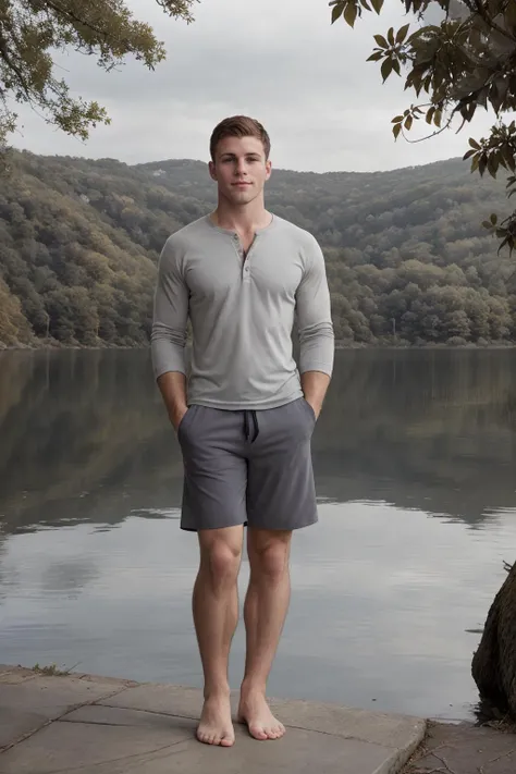 (( man)) wearing short shirt, long pants and sneakers,medium long shot