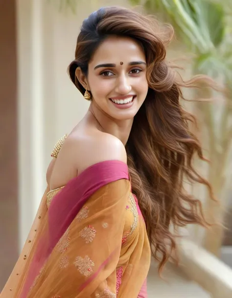 hires photo of Disha Patani woman studio quality, laughing, looking straight at viewer, traditional indian dress, flowing hair, outdoors, realistic skin texture <lora:Disha_Patani_SDXL_LoRA:1>