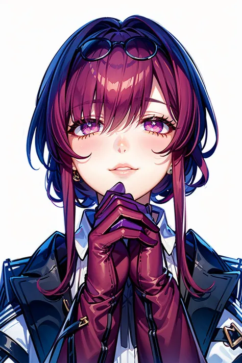 masterpiece, best quality, best light, best shadow, highly detailed,ultra detailed,KAFUKA, 1girl, solo, portrait, eyes,from below,sitting, purple gloves, standing, purple stockings, hands up, looking at viewer, single boot, white background,<lora:KAFUKAV3-000008:0.9> <lora:add_detail:0.5>