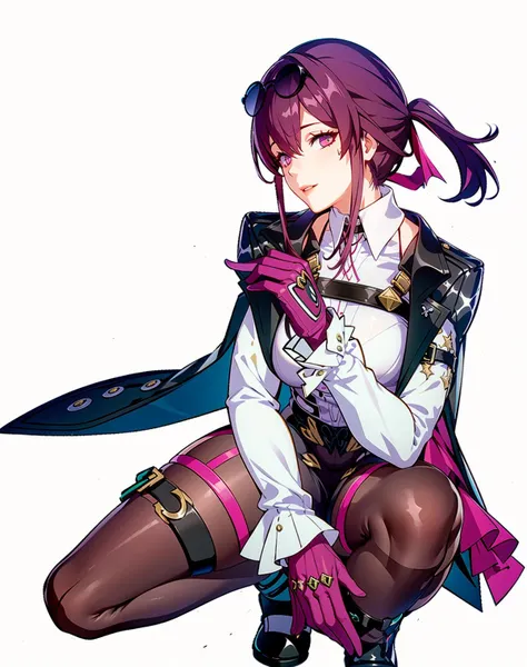 masterpiece, best quality, best light, best shadow, highly detailed,ultra detailed,KAFUKA, 1girl, solo,eyes,from below,squatting, purple gloves, standing, purple stockings, hands up, looking at viewer, single boot, white background,<lora:KAFUKAV3-000008:0.9>