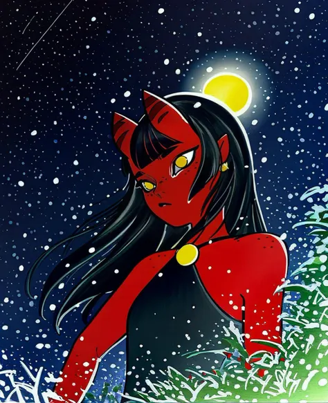 score_9_up, dynamic pose, portrait, headshot, dutch_angle, 1girl, Meruccubus \(Merunyaa\), long hair, black hair, blunt bangs, yellow eyes, freckles, red skin, horns, small breasts, outside, at a old bridge, evening, night sky, stars, lunar eclipse, snowing, <lora:peachmomoko_pony:1>, peachmomoko, traditional media