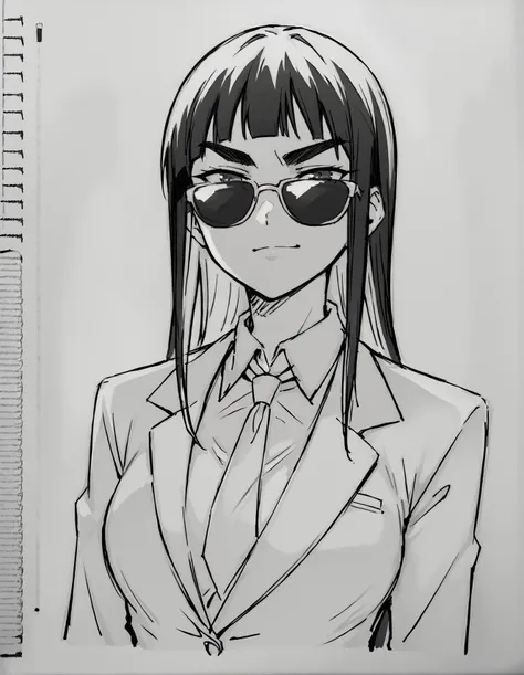 score_9, score_8_up, score_7_up, source_anime BREAK (1girl), long hime cut hair, black hair, thick eyebrows, medium breasts, sunglasses, formal suit, Sketch, Manga Sketch, Pencil drawing, Black and White, Manga, Manga style, Low detail, Line art, vector art, Monochromatic,